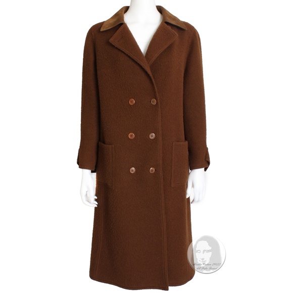Hermes Brown Double Breasted Suede Leather Trim Trench Style Wool Coat, 1970s - Picture 5 of 11